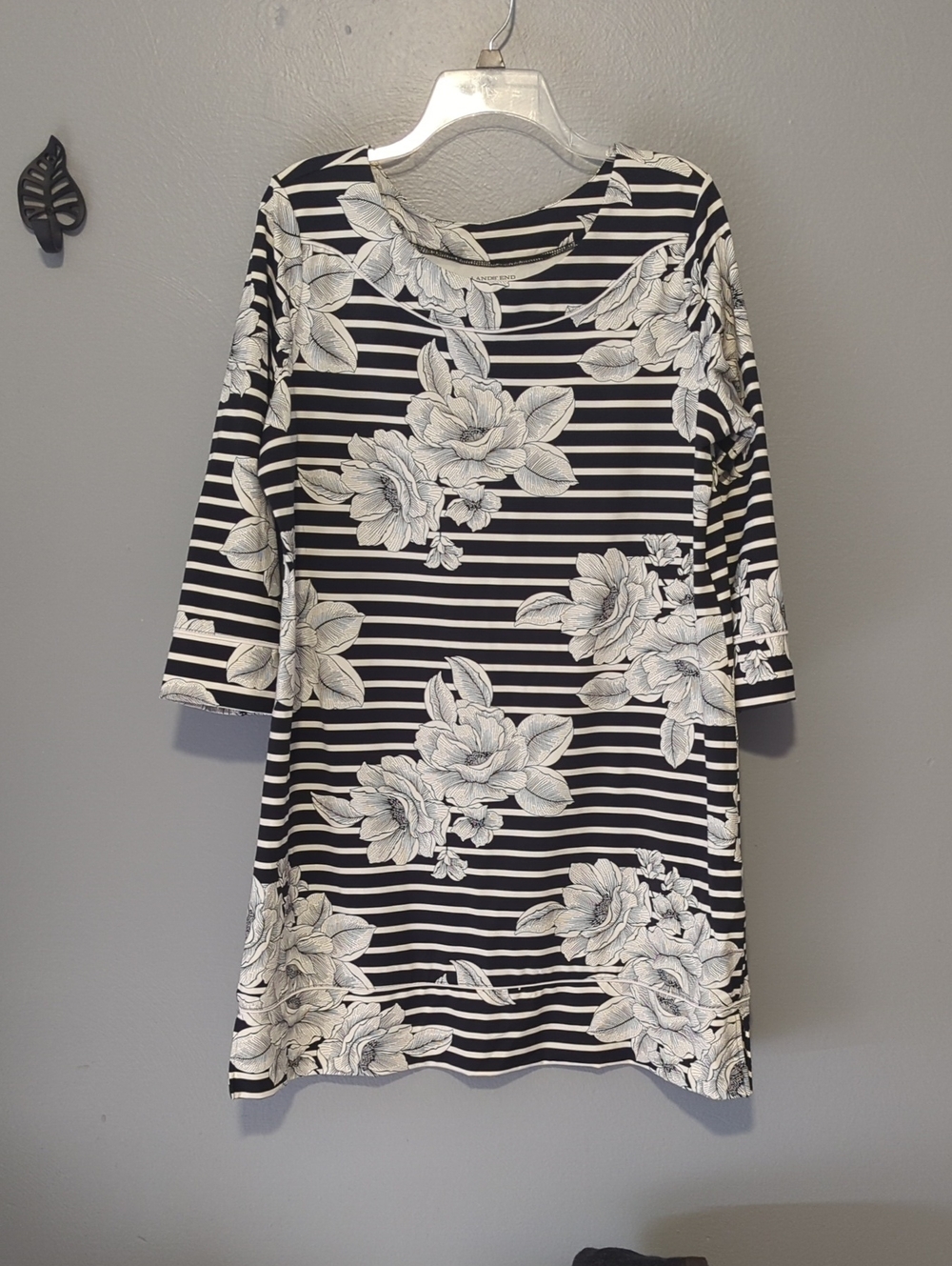 Land's End Brand Boat Neck Black & White Striped Floral Shift Dress Size XL